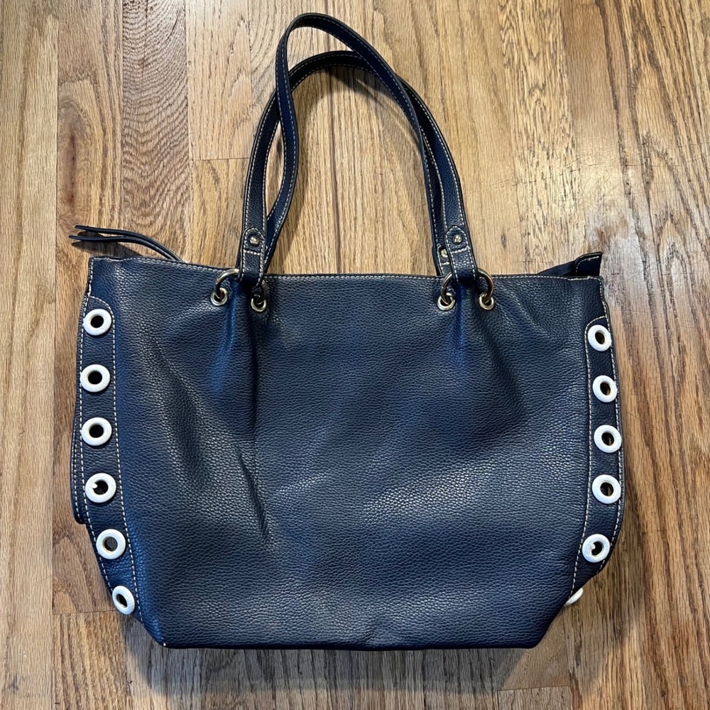 Chicos Navy Blue Pebbled Faux Leather Tote Bag White Grommet Accent Shoulder Bag